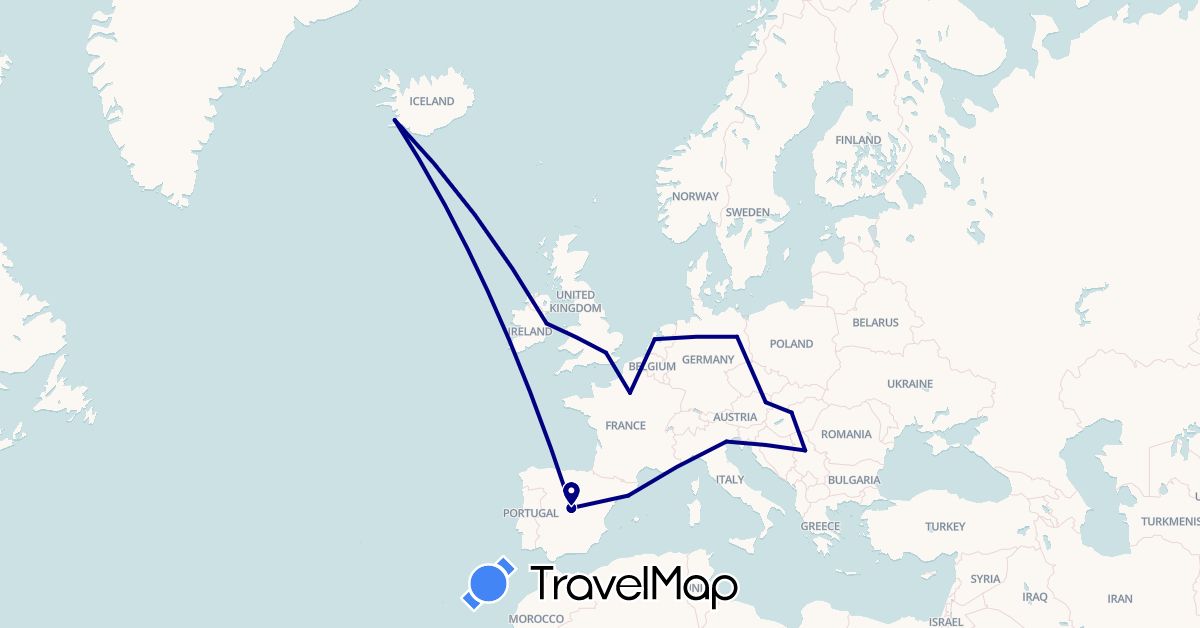 TravelMap itinerary: driving in Austria, Germany, Spain, France, United Kingdom, Hungary, Ireland, Iceland, Italy, Netherlands, Serbia (Europe)